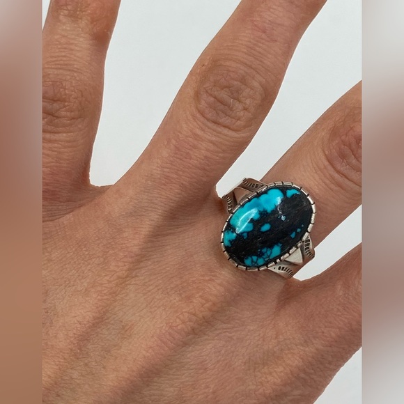 Vtg Sterling Turquoise Navajo Hand Stamped Ring Fred Harvey Era Sz 10 - Picture 11 of 13